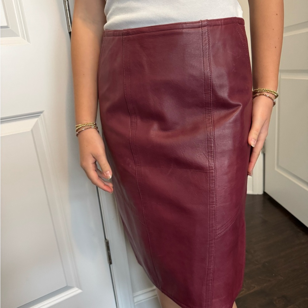 Wine-Red Leather Pencil Skirt